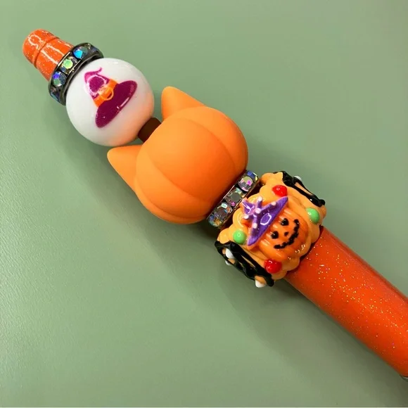 Orange Kawaii Cat Pumpkin Halloween Handmade Beaded Pen - Picture 4 of 7
